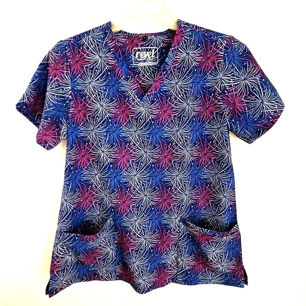 Revel Uniform Scrub Top Womens Medium Premium Stretch Patriotic Short Sleeve